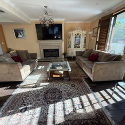 Elegant Living Room Furniture Set – 2 Sofas + Glass Coffee Table (Excellent Condition) 