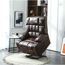 Oversized Recliner Chair, Extra Wide Seat Recliner for Big and Tall, Large Power Lift Chair with Heat and Massage, Brown Leather