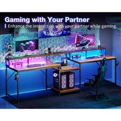 98 Inch Two Person Computer Desk with Storage Shelves, Long Double Workstation with LED Lights & Power Outlet, Office Study Table for Home Office Bedr