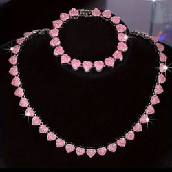 2 Pcs Fully Iced Heart Shape 14K White Gold Plated Cubic Zirconia 24 Inches Necklace And Bracelet Set 
