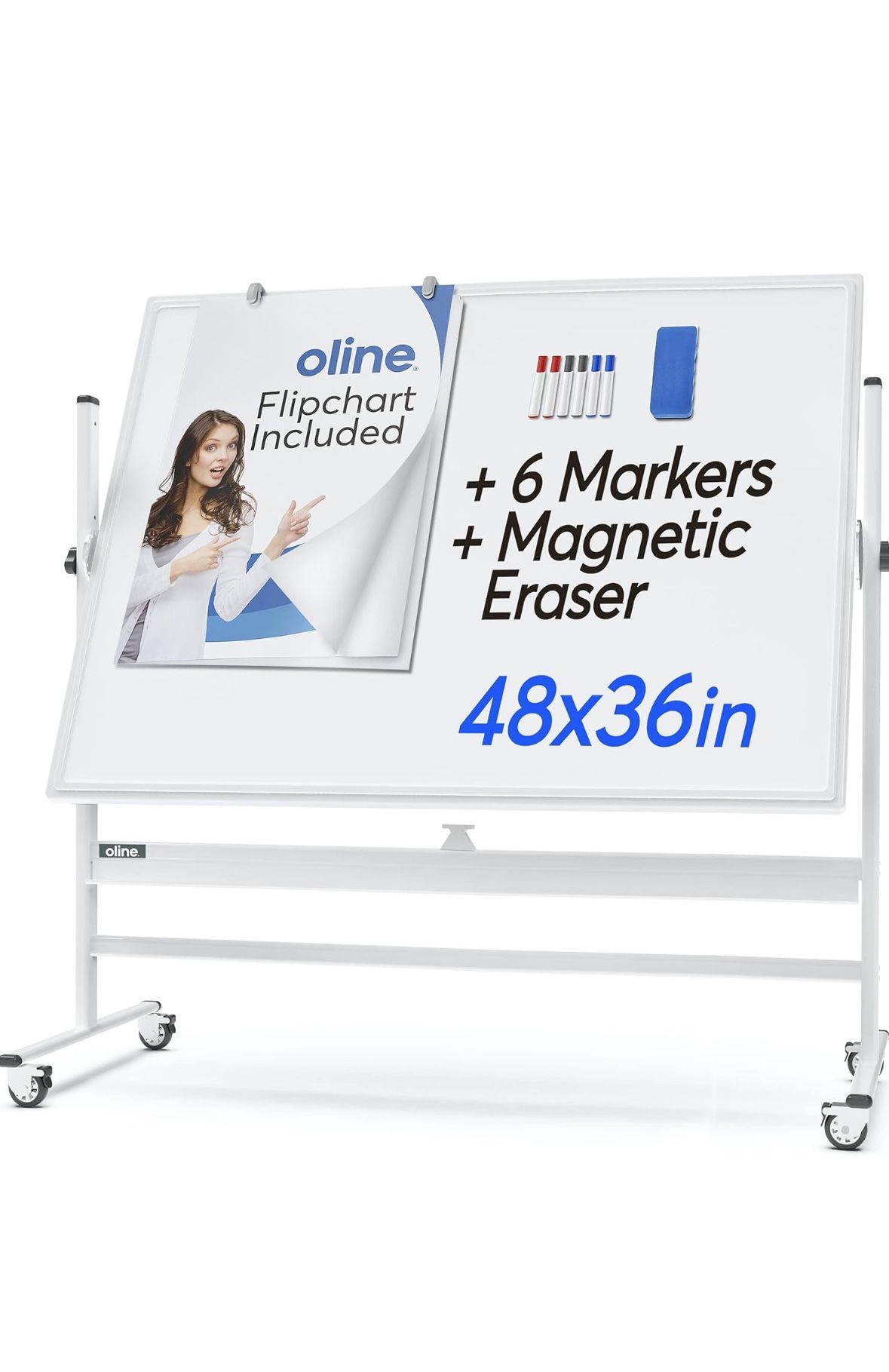 New Oline Mobile Whiteboard 48 x 36" Inch Large Height Adjust 360° Magnetic Rolling Double Sided Reversible Dry Erase Board (48x36, White & Silver)