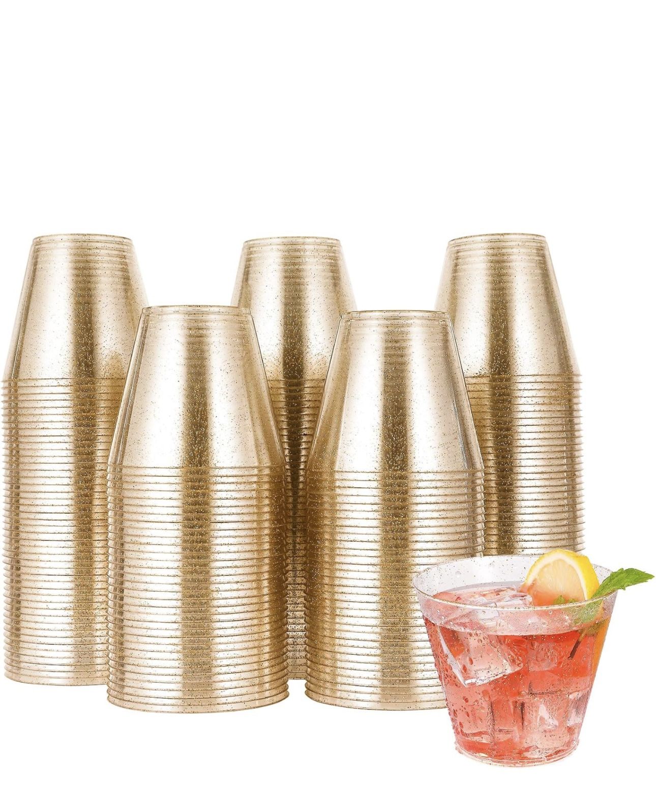 JOLLY CHEF 200 Pack 9 oz Glitter Plastic Cups, Disposable Gold Cups, Clear Plastic Tumblers, Gold Glitter Cups, Disposable Cups for Wedding, Thanksgiv