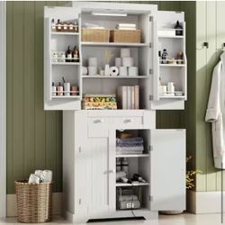 White Engineered Wood 30 in. Kitchen Pantry Cabinet with Storage Drawer, Sensor light, Adjustable Shelves and Doors