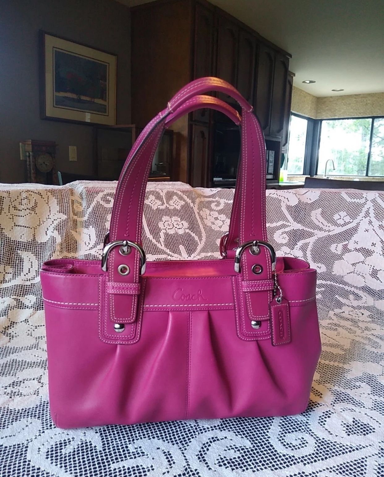 Coach SOHO Fuchsia Pink Thick Leather Large Tote Handbag Purse 13732 13x5x9