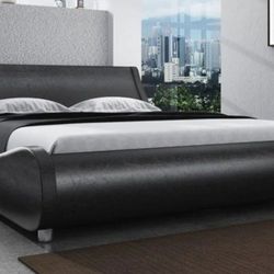 SHA CERLIN Modern Low Profile Platform Bed Frame Queen Size, Stylish Faux Leather Upholstered Sleigh Bed with Adjustable Headboard, No Box Spring Need