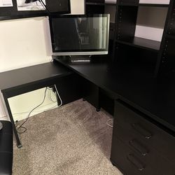 Black Large Desk,shelves,return And Rolling 3drawers 