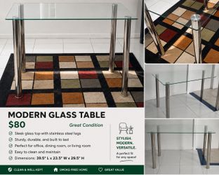Modern Glass Table with Stainless Steel Legs – Great Condition
