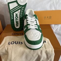 Men's Louis Vuitton Trainer Monogram Denim Sneakers in Green/White