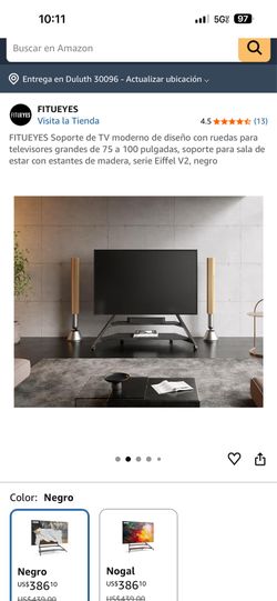 Modern Designer TV Stand with Wheels for Large 75-100 Inch TVs, Living Room Stand with Wooden Shelves, Eiffel V2 Series, Black