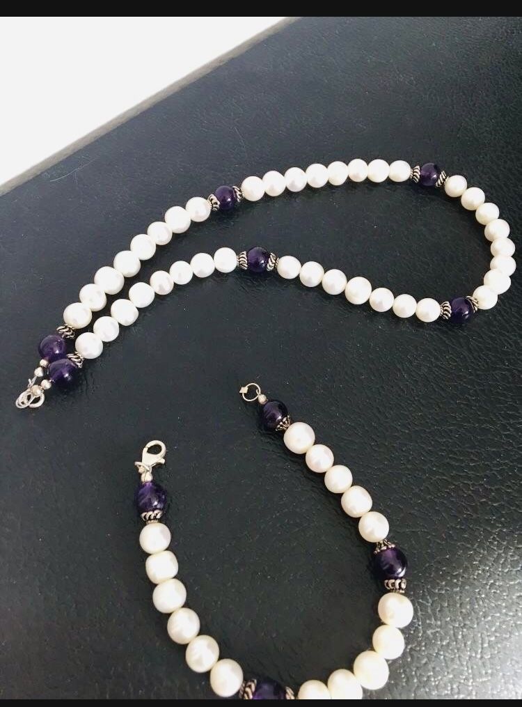 Fresh Water Pearl And Amethyst Necklace & Bracelet 