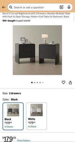 Set of 2 Curved Nightstand with 2 Drawers, Wooden Bedside Table with Push to Open Storage, Modern End Table for Bedroom, Black