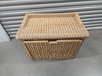 Vintage Boho Chic Coastal Wicker Rattan Drop Front Record Storage Cabinet Table