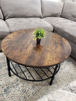 LIKE NEW - Industrial Round Coffee Table with Metal Storage Bottom Shelf
