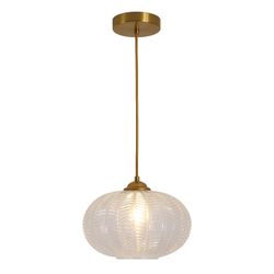 KCO Lighting Clear Ribbed Glass Pendant Light Vintage Brass Gold Pendant Ligh...