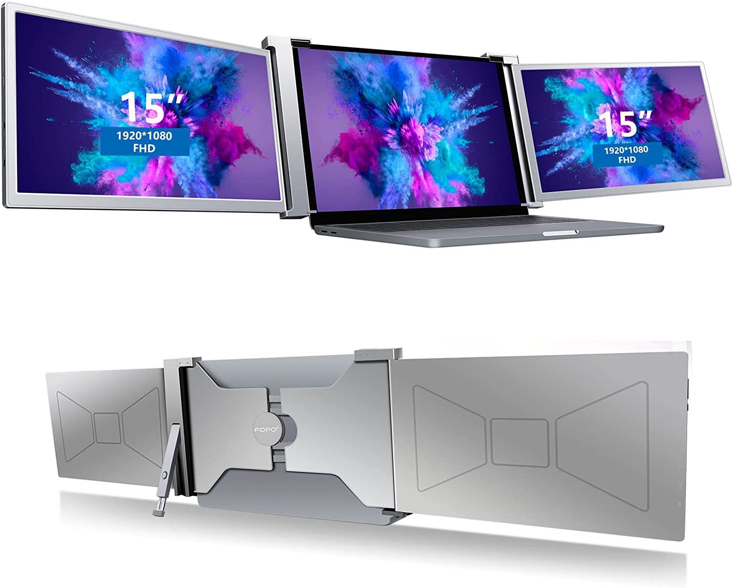 15" Laptop Screen Extender - 1080P FHD IPS Triple Portable Monitor, Dual Monitor for 15”-17” Laptops, Plug and Play Laptop Monitor Extender Connected