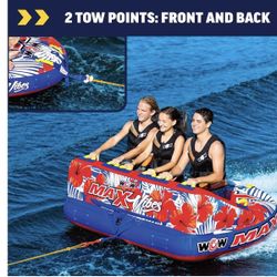WOW Sports - Max Vibes Inflatable Towable Tube - 1-3 Rider - Perfect for Kids & Adults - Soft Top Deck Tube - Boating