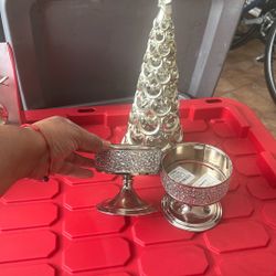 2 Silver Candle Holders & Christmas Tree Table Decorations 
