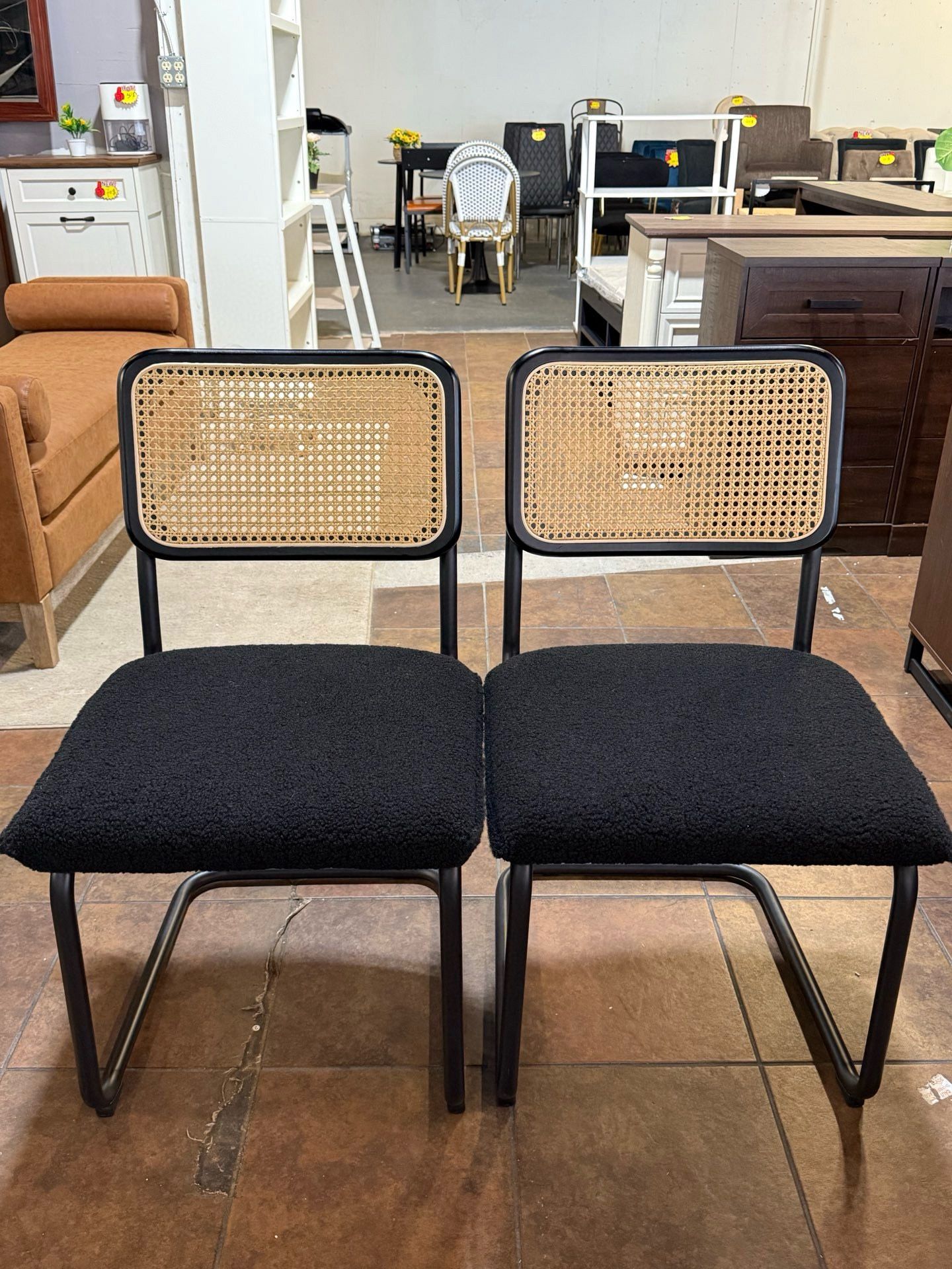 🔥Set of 2🔥Modern Cane Dining Chairs, Handwoven Rattan Cane Back, Chrome Base, Upholstered Boucle Seat, Ideal for Kitchen or Dining Room, (Black)  💰