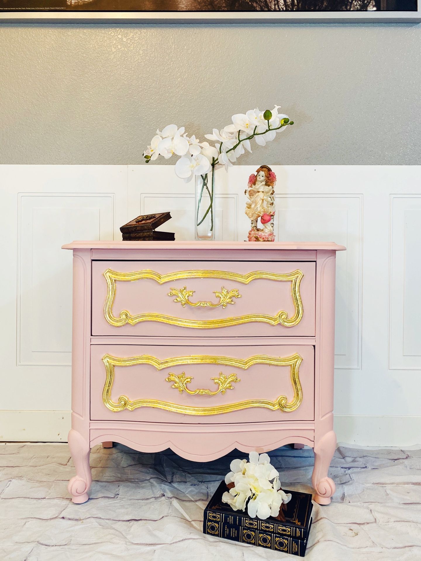 Gorgeous french style pink & gold nightstand/dresser/ side table- Brand New