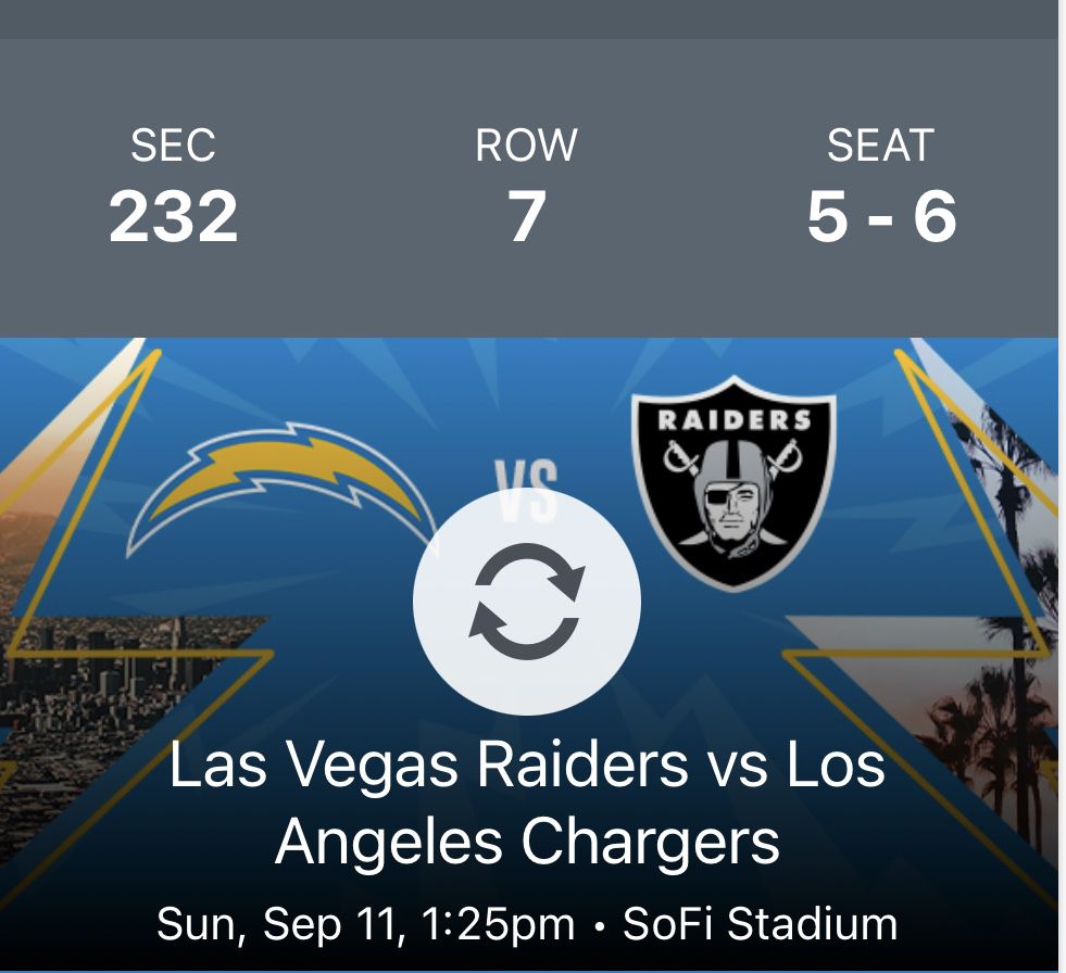 Chargers Raiders Tickets Opening Day 9/11 Sofi
