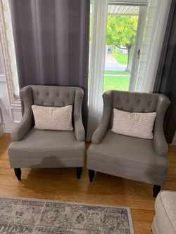 Pair of Gray Tufted Wingback Accent Chairs
