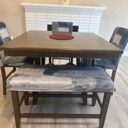 Living Spaces, Hyland Brown Grey Square Wood II 48" Kitchen Counter Height Table With Lazy Susan + Stool Set For 5 | Shelves | Storage