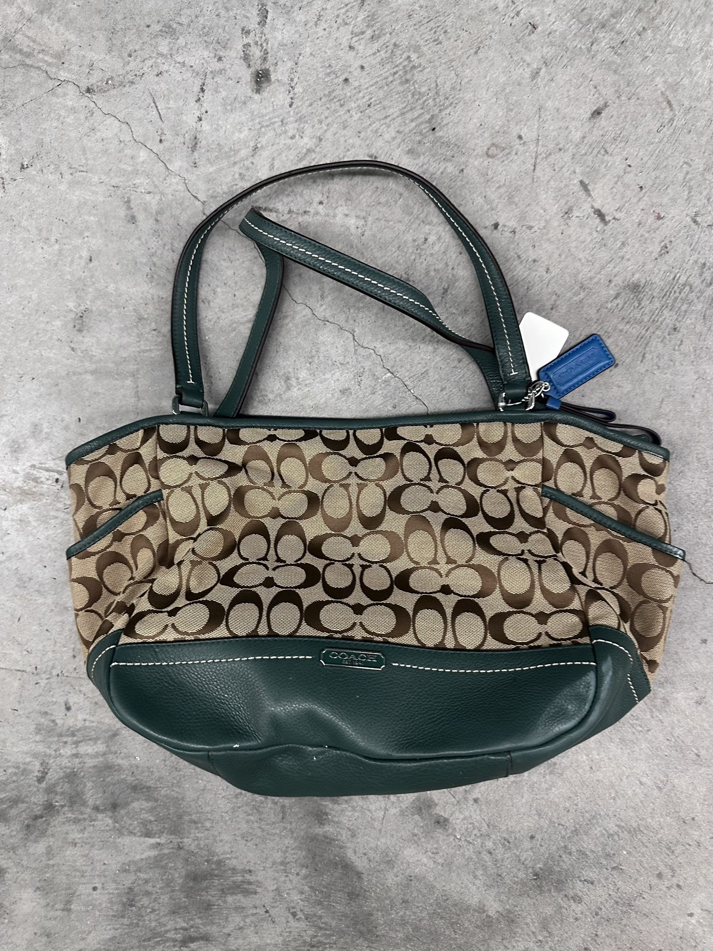 NWOT Coach Green Leather Tan Canvas Monogrammed Tote Bag
