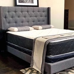 Brand New Full Size Grey Tuffed Linen Bed Frame With New Mattress/Fast Delivery 