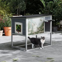Cat house, Cat Catio Gray Outdoor Cat House Elevated Feral Cat Shelter with High Legs, Curtained Door, Escape Door, Openable Top, NEW