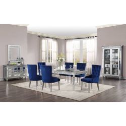 GLAM MIRRORED BLUE FABRIC CHAIRS ANTIQUE PLATINUM 7 PIECE DINING TABLE SET-MESA SILLAS
