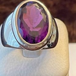 New, Firm, Men’s Sterling Silver Ring with Genuine Purple Amethyst Gemstone, Size 10