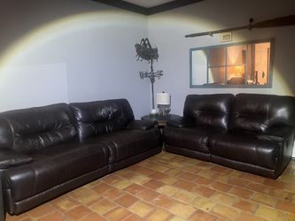 Raymour & Flanigan Brown Leather, Power Reclining Sofa and Love Seat