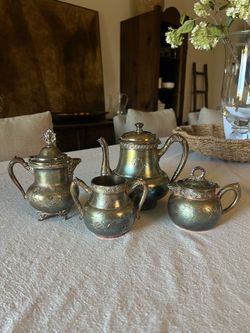 4pc Antique Etched European Silver Tea Set