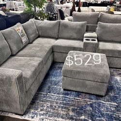 Stylish 5-Pc Corduroy Sectional Sofa With Ottoman And Cup Holder
