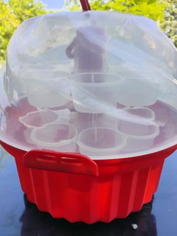 Cupcake Carrier 3-tier Each With Handle for 24 Cupcakes With Handle Red-clear 