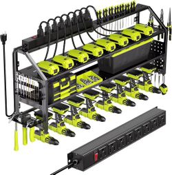 YFFSRJDJ Power Tool Organizer Wall Mount with Charging Station, 8 Drill Holder with 8-Outlet Power Strip, Garage Cordless Drill Storage and Organizati