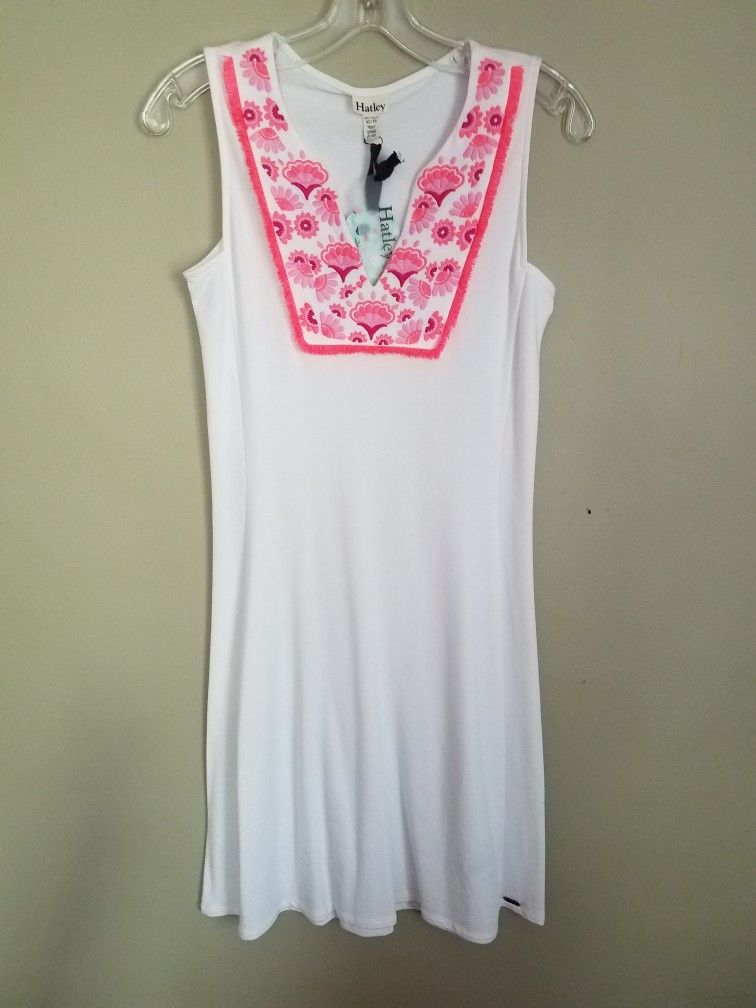 NWT Hatley Sienna Cotton Blend Sleeveless White Dress With Pink Accents XS