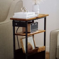 Narrow Side Table End Table Nightstand With USB Ports And Type-C Charging Station With Fabric Drawer And Shelf