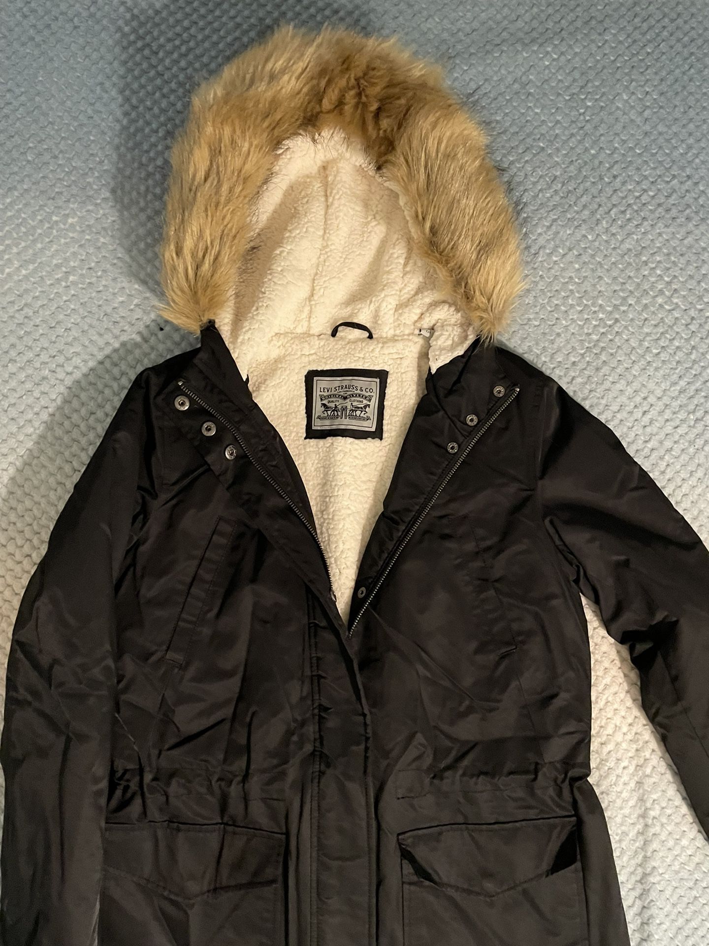 Levi's Coated Cotton Parka with Bunny Sherpa and Faux Fur Hood