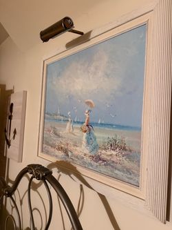 Framed Beach Scene Oil Painting