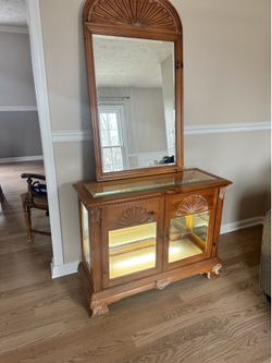 Vintage Wooden Buffet w/Lighted Cabinet And Matching Arched Mirror