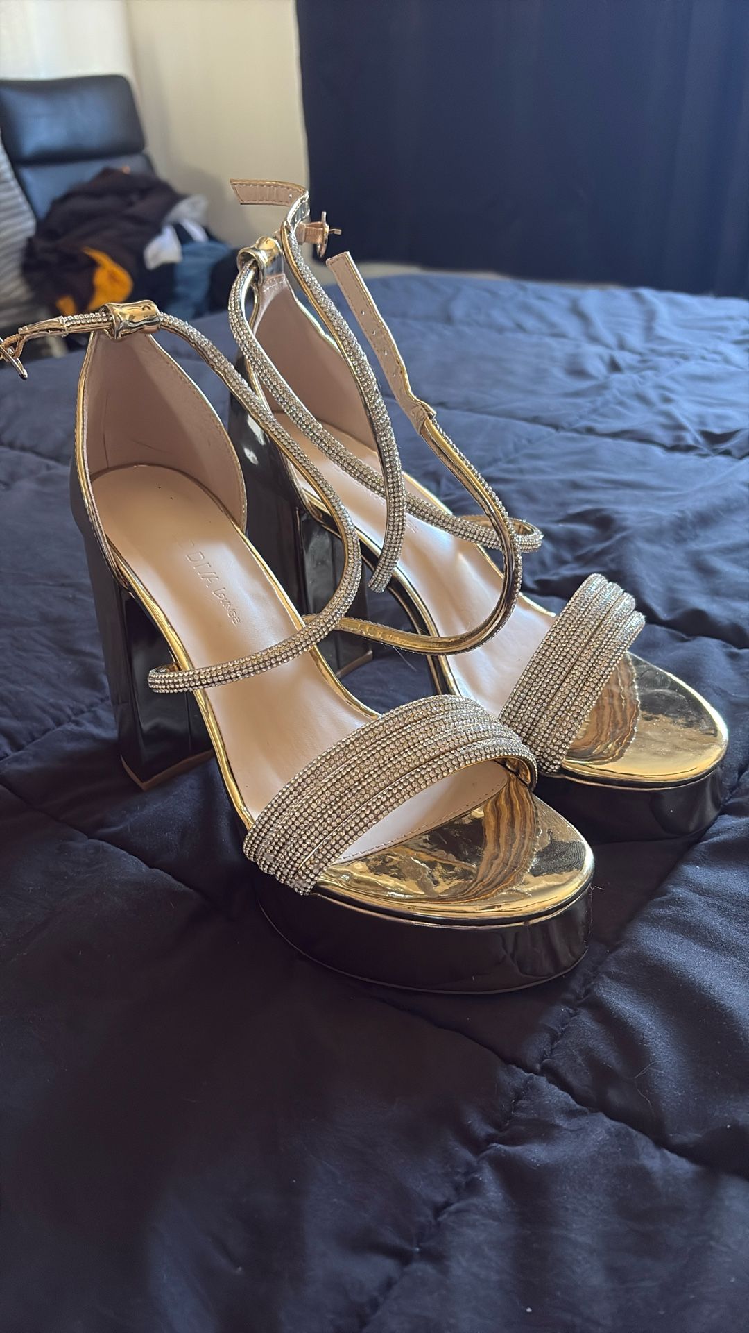 Gold Rhinestone Chunk Heels