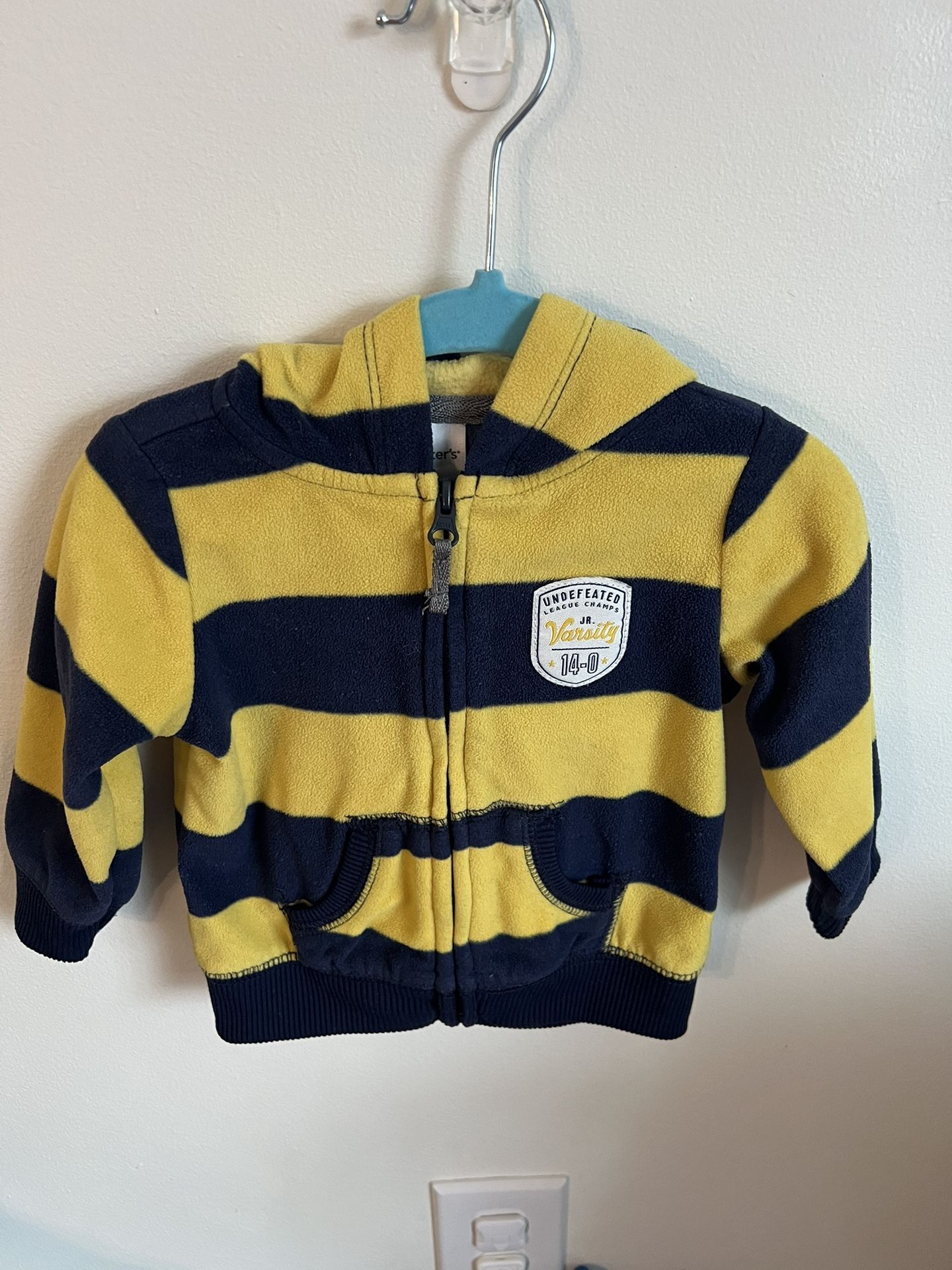 Carter’s Yellow & Blue Striped “Undefeated” Fleece Zipper Baby Boy Hoodie 9m