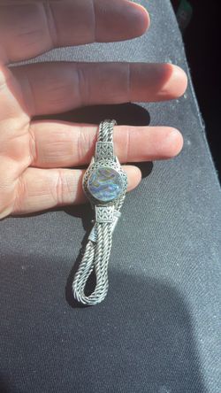 Sterling Silver Woven Chain Bracelet with Abalone Stone
