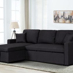 Paisley 82"W Black Linen Fabric Reversible Sleeper Sectional Sofa with Storage Chaise