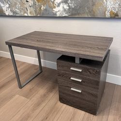 47” Weathered Grey Wood Grain And Metal Reversible 3 Drawer Modern Desk