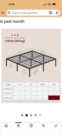 VASAGLE King Metal Bed Frame, 18 Inches Tall, 1100 lb Weight Capacity Heavy-Duty Platform Bed, No Box Spring Needed, Under-Bed Storage, Mattress Retai