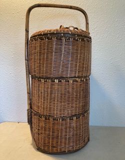 Picnic basket 3 tier 14" Tall Asia wedding woven wicker bamboo Handle