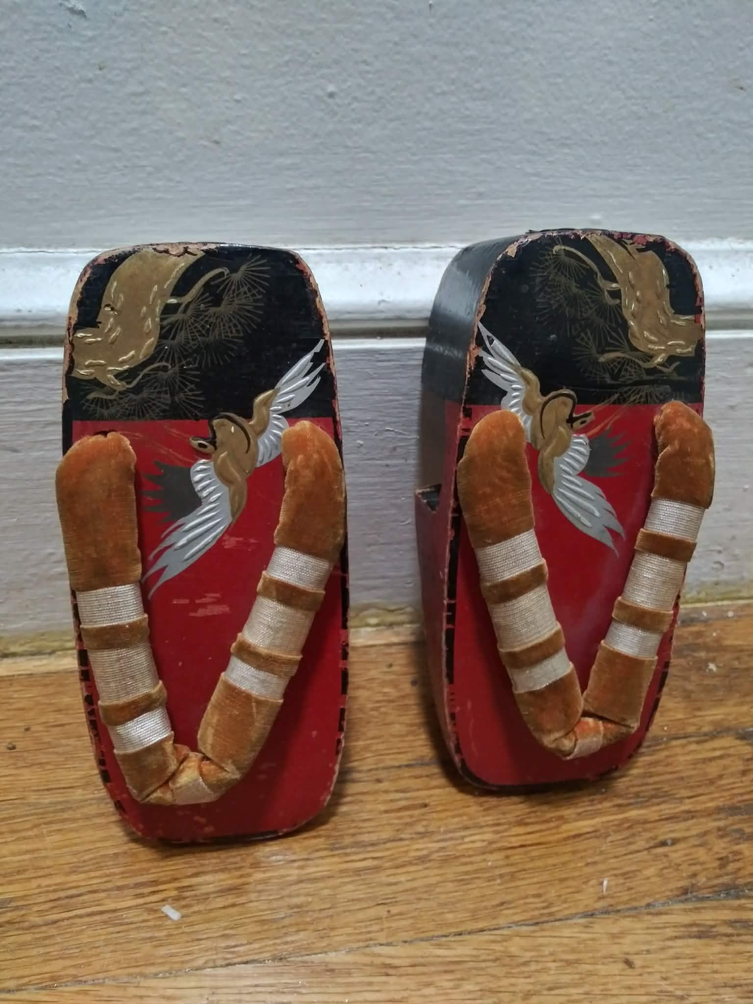 Vintage Japanese Red Wooden Clogs Known As Geta Or Okobo With Bells