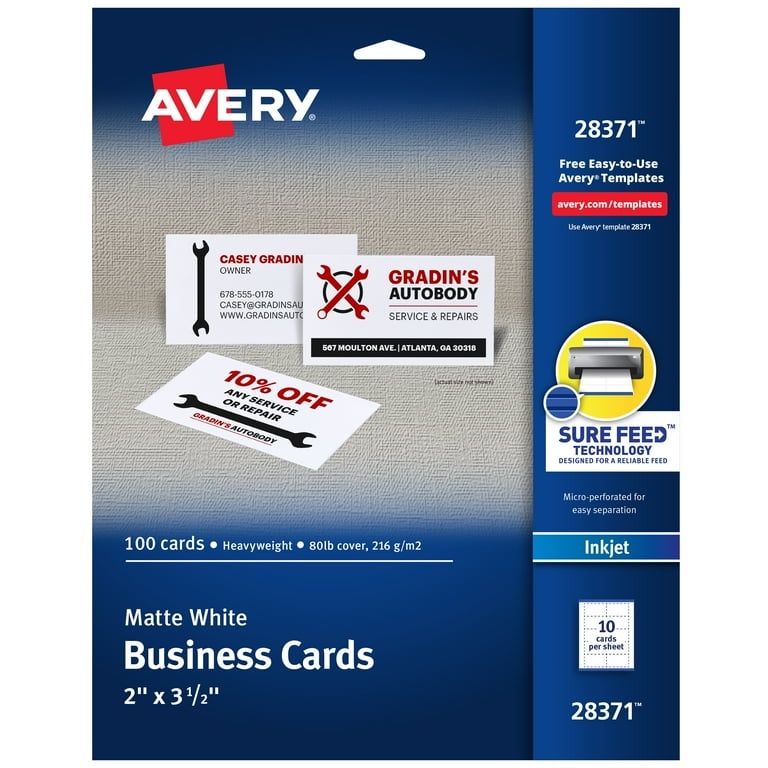 Avery Business Cards, Perforated, Matte White, 2" x 3.5", Paper, Inkjet, Pack of 100 Cards